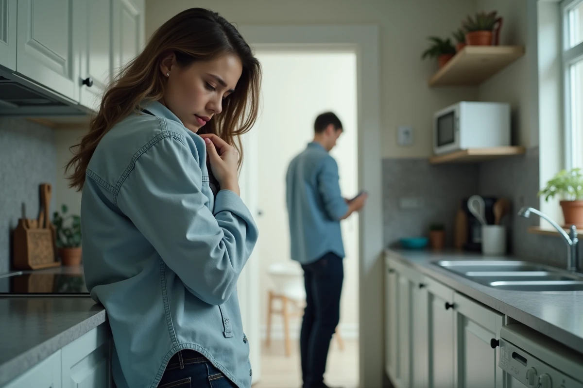 Femme seule dans une cuisine ressentant l'isolement émotionnel pendant que son partenaire l'ignore dans la pièce voisine