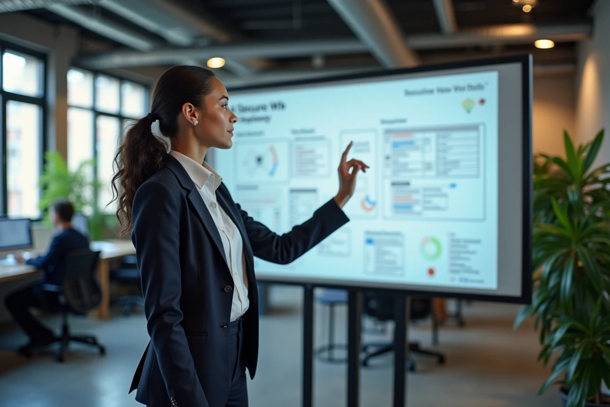 Jeune femme IT devant tableau digital