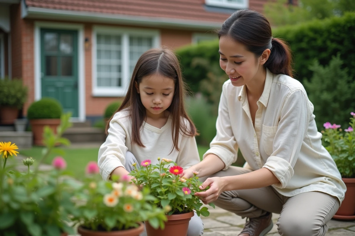 Femme et fille dans un jardin s
