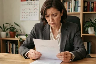 Femme lisant une lettre de préavis en retard avec un calendrier en arrière-plan