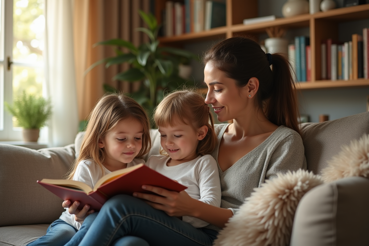 Femme lisant un livre à ses enfants dans un salon chaleureux