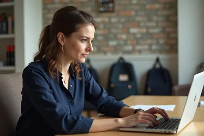 Femme en blouse navy utilise un ordinateur &agrave; la maison