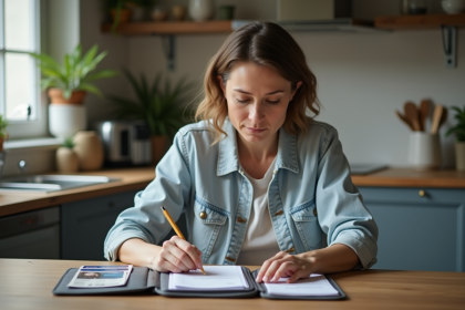 Femme arrangeant des papiers dans un organisateur en tissu