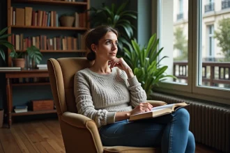 Femme française dans un intérieur cosy lisant un livre