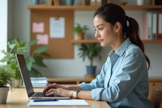 Femme utilisant le portail famille de Meudon sur un ordinateur portable dans un bureau à domicile bien organisé