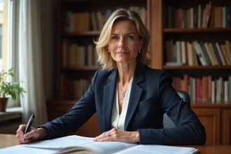 Femme professionnelle assise à un bureau parisien entouré de livres, illustrant la vie privée et la carrière d'Isabelle Saporta