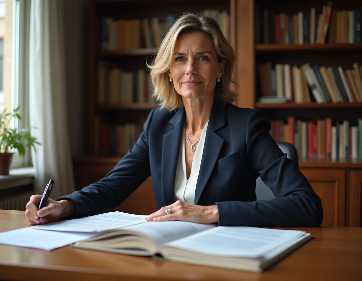 Femme professionnelle assise à un bureau parisien entouré de livres, illustrant la vie privée et la carrière d'Isabelle Saporta