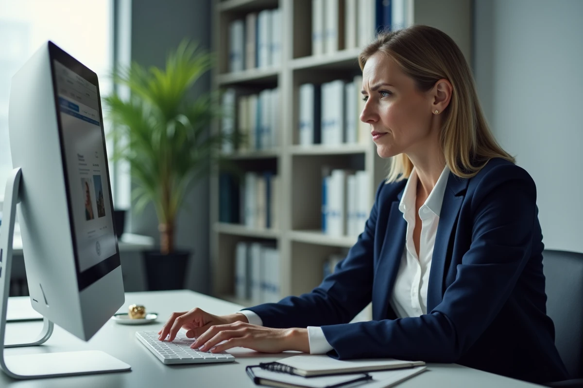 Femme en blazer navy cherchant des informations sur le divorce par internet depuis son bureau