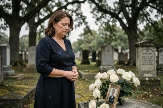 Femme recueillie devant une tombe fleurie lors d'un enterrement, exprimant un hommage sincère à sa tante décédée