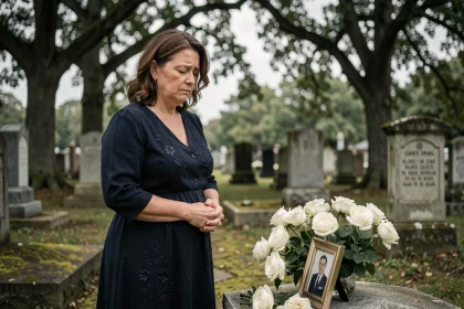 Femme recueillie devant une tombe fleurie lors d'un enterrement, exprimant un hommage sincère à sa tante décédée