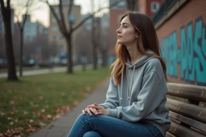 Femme pensante assise dans un parc urbain automnal