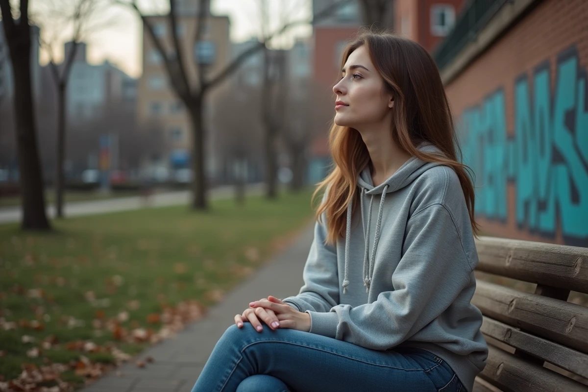 Femme pensante assise dans un parc urbain automnal