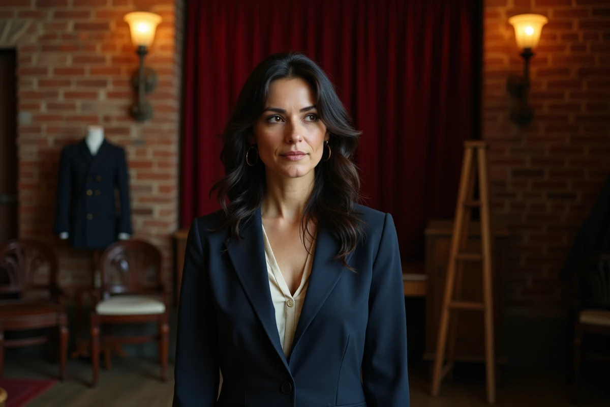 Femme brune aux cheveux ondulés en coulisses d'un théâtre, regard contemplatif, ambiance intimiste et artistique