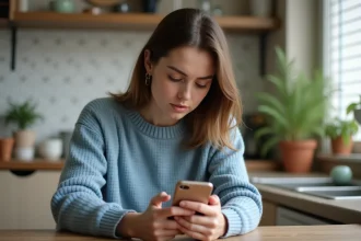Femme assise à la maison en train de taper un message