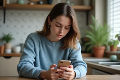 Femme assise &agrave; la maison en train de taper un message