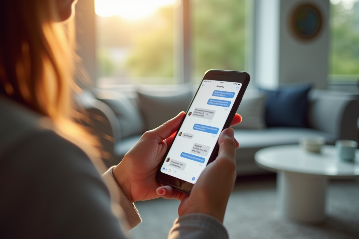 Femme tenant un smartphone affichant une conversation