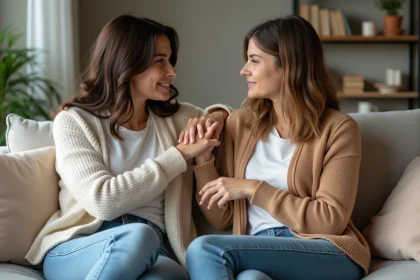 Femme en cardigan partage un moment de soutien avec une amie