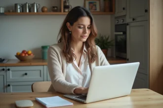 Femme au travail à la maison avec ordinateur et notes