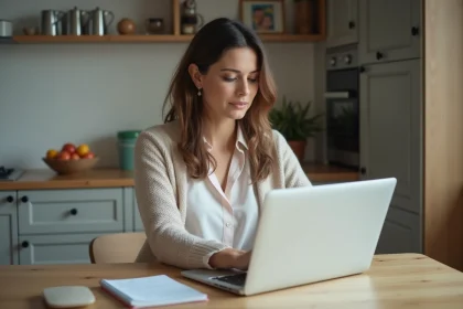 Femme au travail &agrave; la maison avec ordinateur et notes