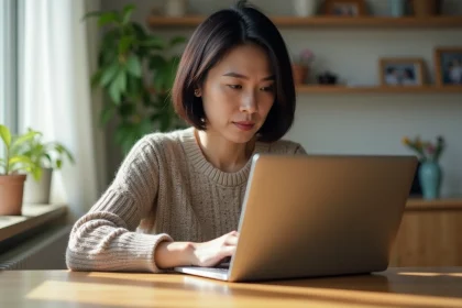 Femme d'&acirc;ge moyen travaillant sur son ordinateur dans un appartement lumineux