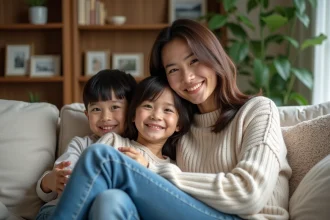 Femme vietnamienne avec enfants dans un salon chaleureux