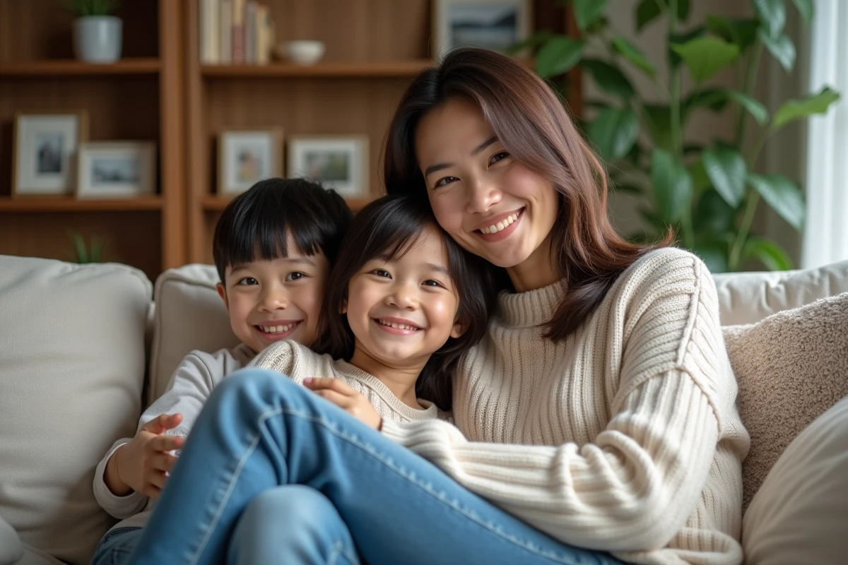 Femme vietnamienne avec enfants dans un salon chaleureux