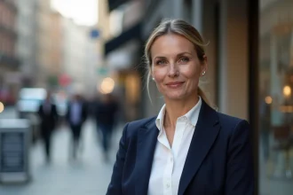 Femme en blazer dans une rue urbaine dynamique