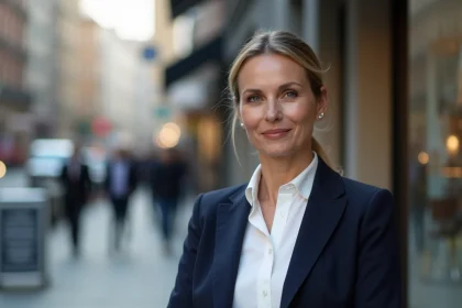 Femme en blazer dans une rue urbaine dynamique