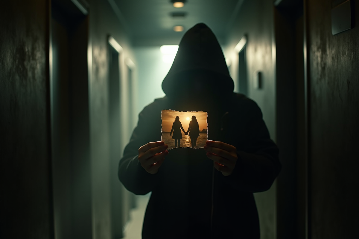 Personnage mystérieux dans un couloir sombre tenant une photo déchirée