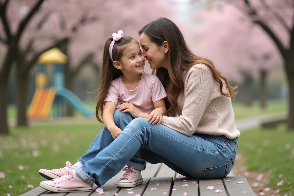 Femme et petite fille en câlin dans un parc fleuri