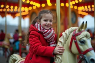 Jeune fille souriante sur un manège de chevaux de bois à la Foire aux Manèges de Lille 2026