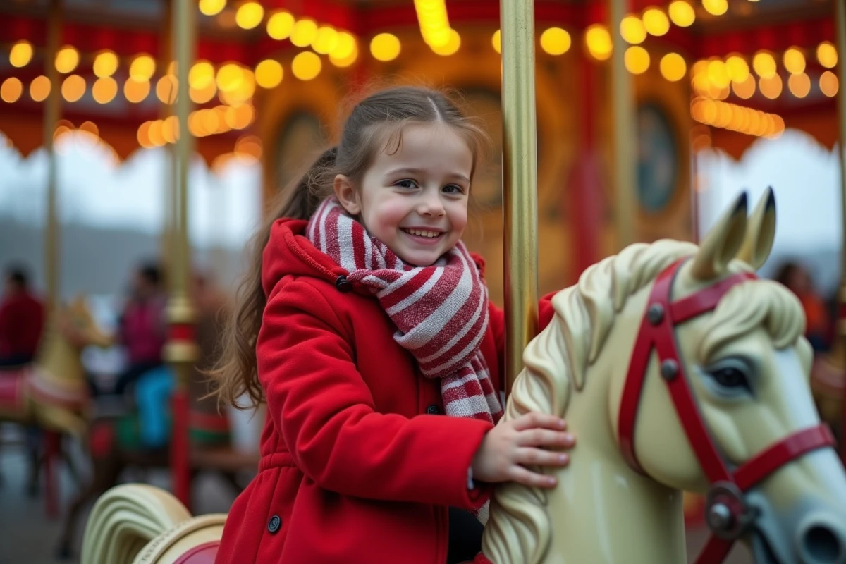 Jeune fille souriante sur un manège de chevaux de bois à la Foire aux Manèges de Lille 2026