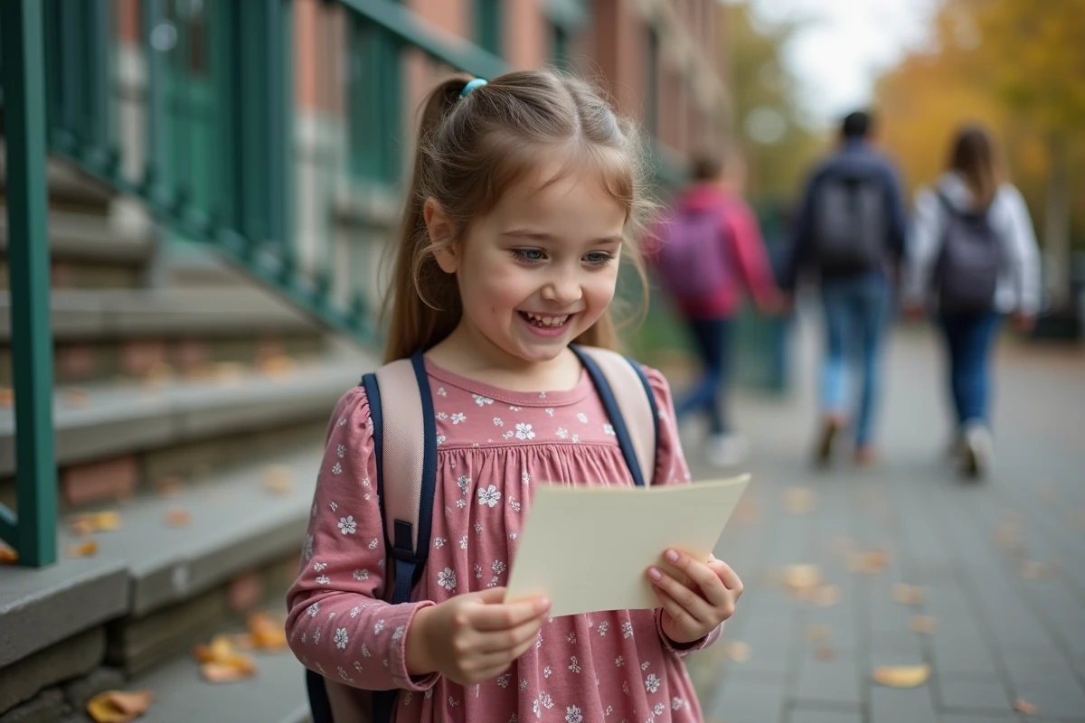 Fillette découvrant avec joie un mot doux glissé dans son cartable devant l'entrée de l'école à la rentrée