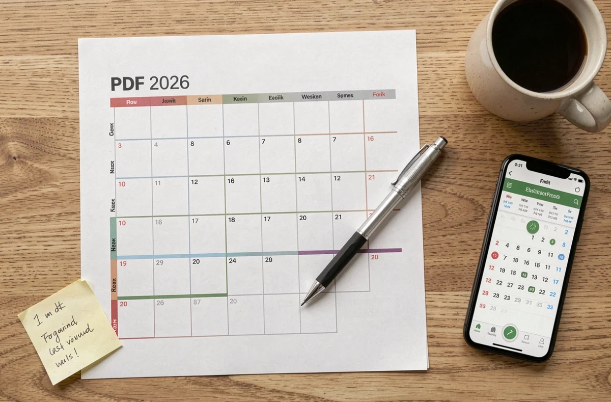 Vue aérienne d'un calendrier PDF 2026 semaines paires impaires imprimé sur une table en chêne avec crayon et notes manuscrites