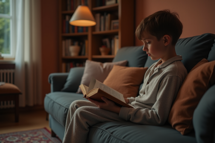 Gar&ccedil;on de 10 ans lisant seul dans le salon cozy