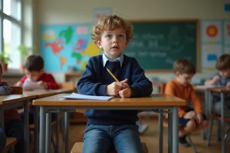 Garçon de 10 ans pensif dans une classe moderne