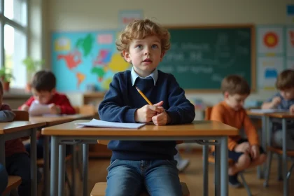 Gar&ccedil;on de 10 ans pensif dans une classe moderne