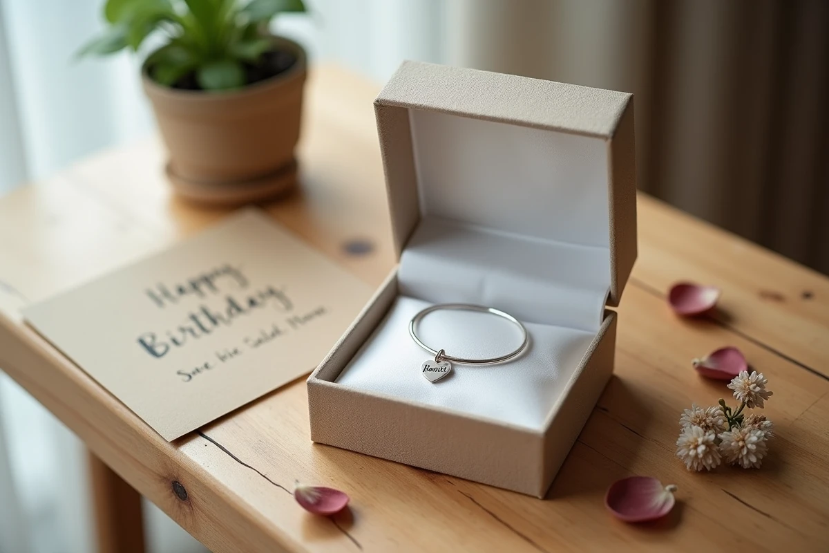 Gourmette argent pour enfant dans un écrin cadeau entouré de fleurs séchées et d'une carte manuscrite