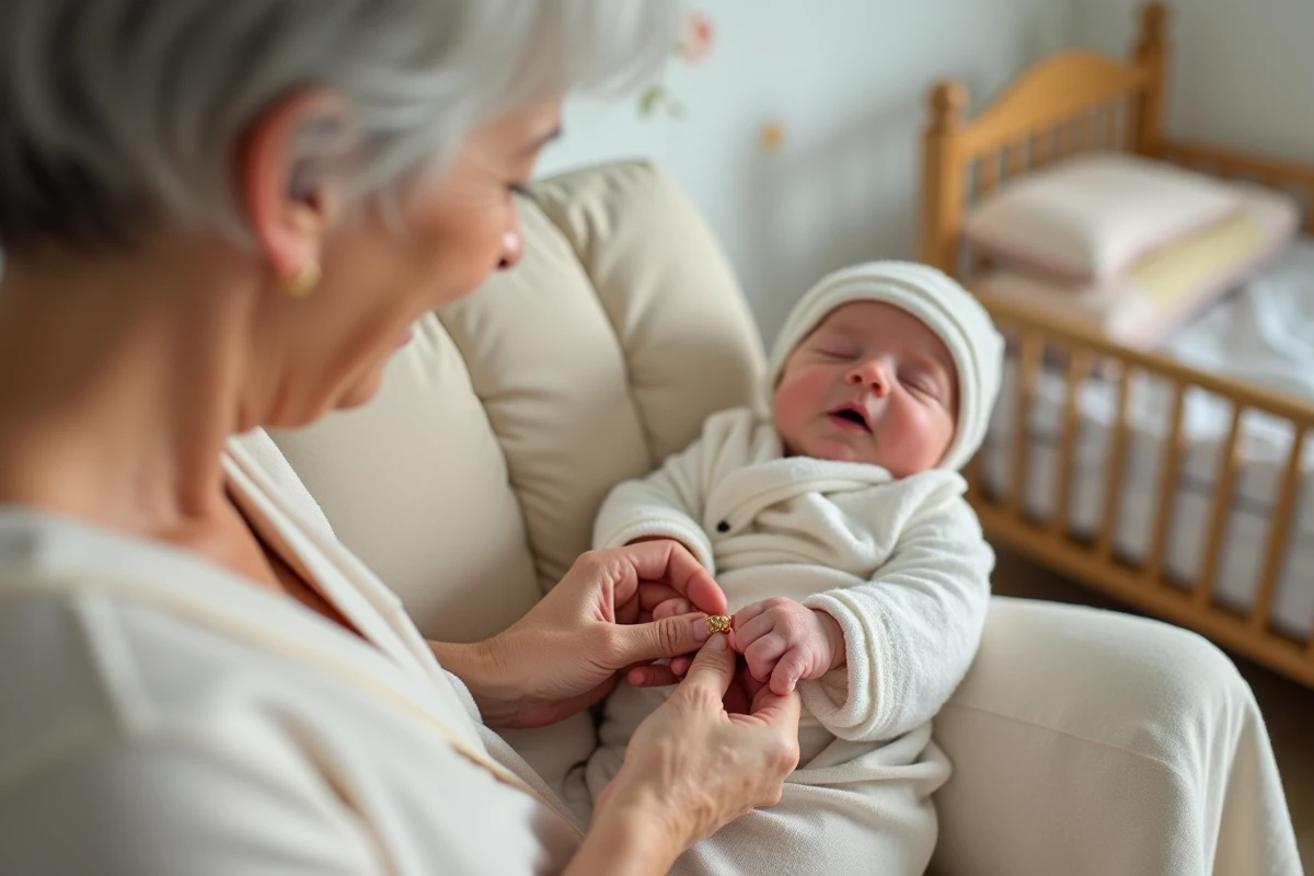 Grand-mère attachant une gourmette en or au poignet d'un nouveau-né, moment émouvant de transmission familiale