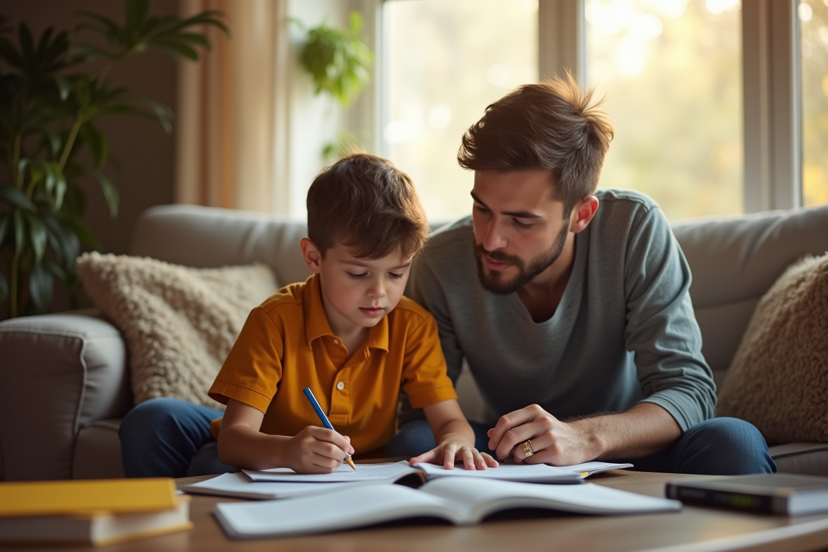 Un grand frère aidant son petit frère avec ses devoirs à la maison
