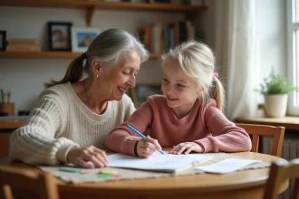 Une grand-mère aide sa petite fille à faire ses devoirs à la maison