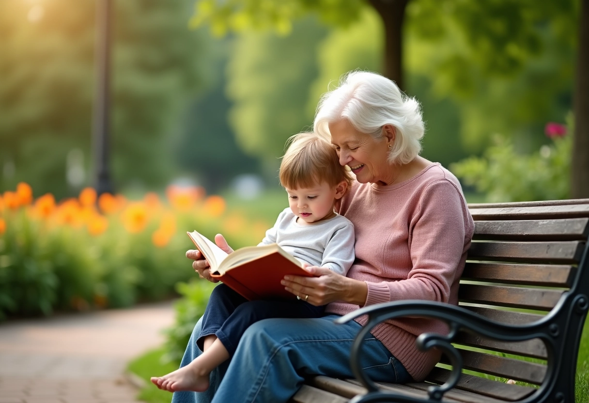 Grand-mere lisant un livre à son petit dans un parc ensoleille