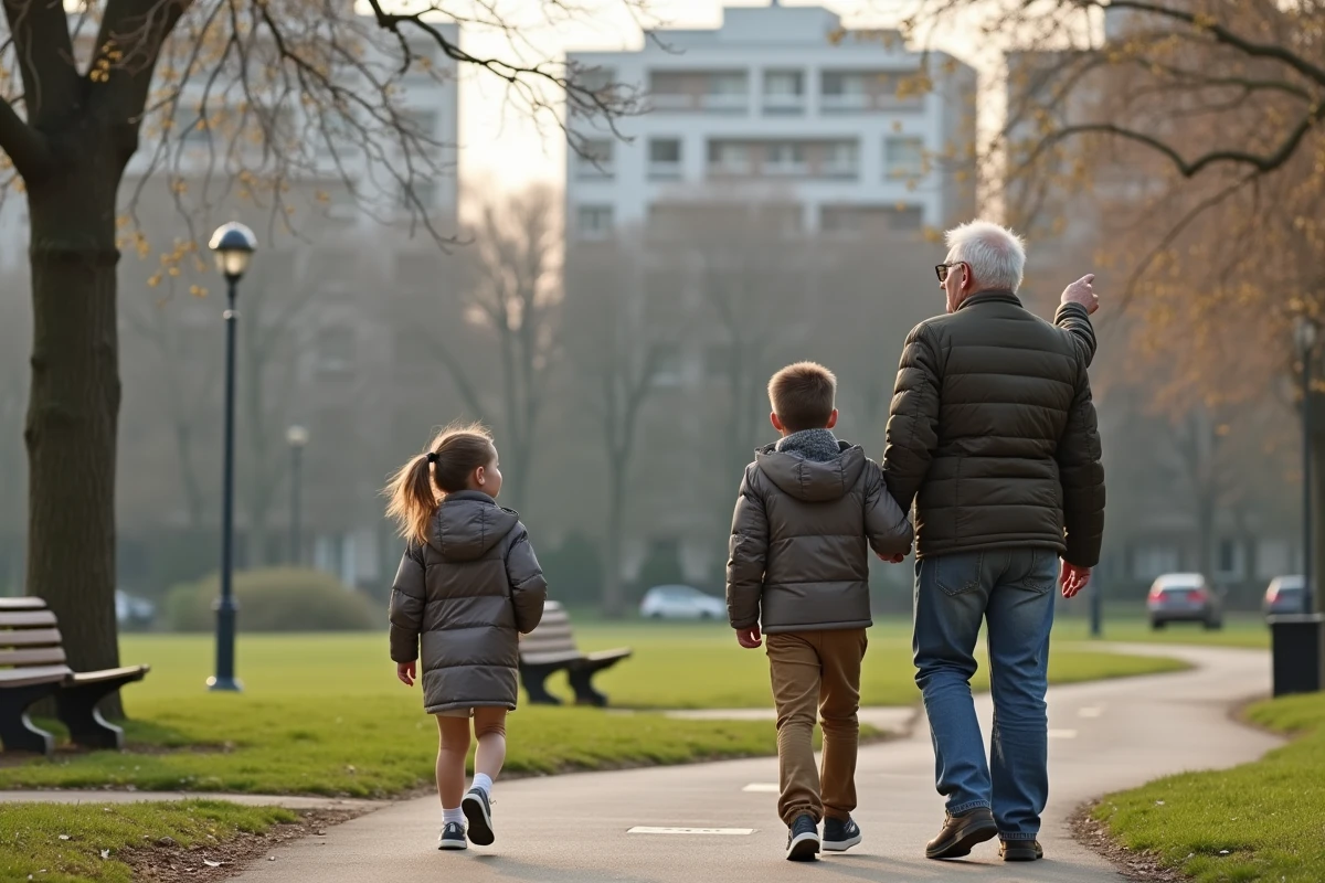 Un grand-père et deux enfants se promènent dans un parc urbain au printemps