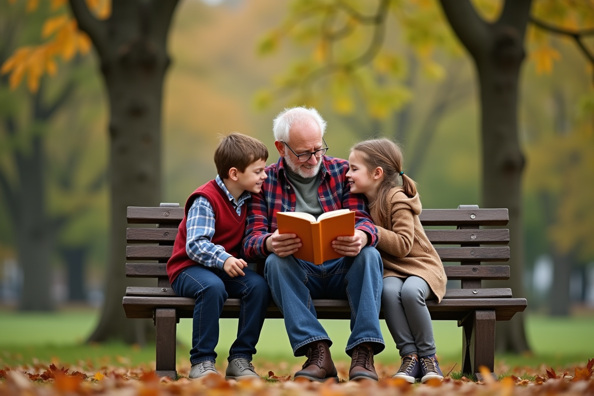 Grand-pere lisant une histoire a ses petits enfants dans un parc