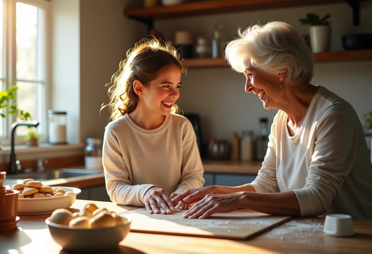 Grand-mère et petite-fille cuisinant des cookies en famille