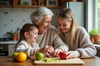 Seniore et petite fille partageant un moment de cuisine