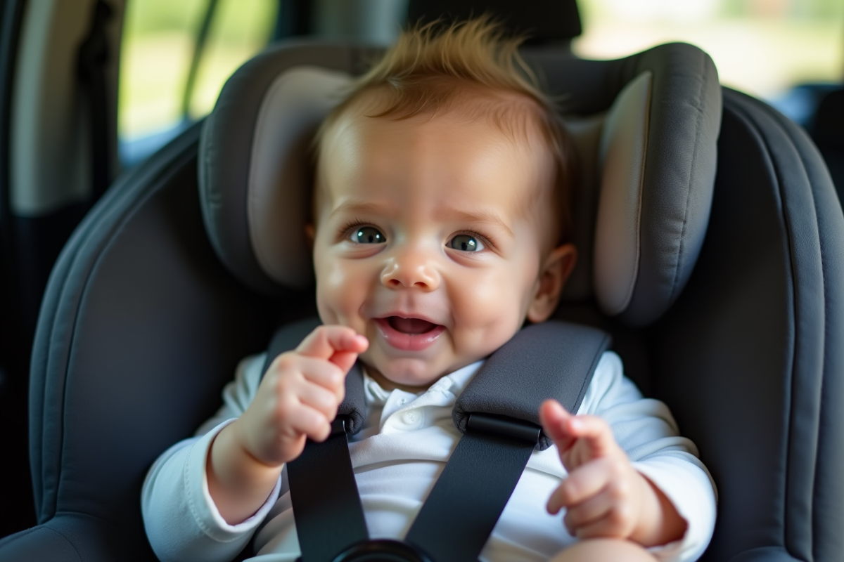 Détail du siège auto bébé avec harnais ajusté et jouet doux