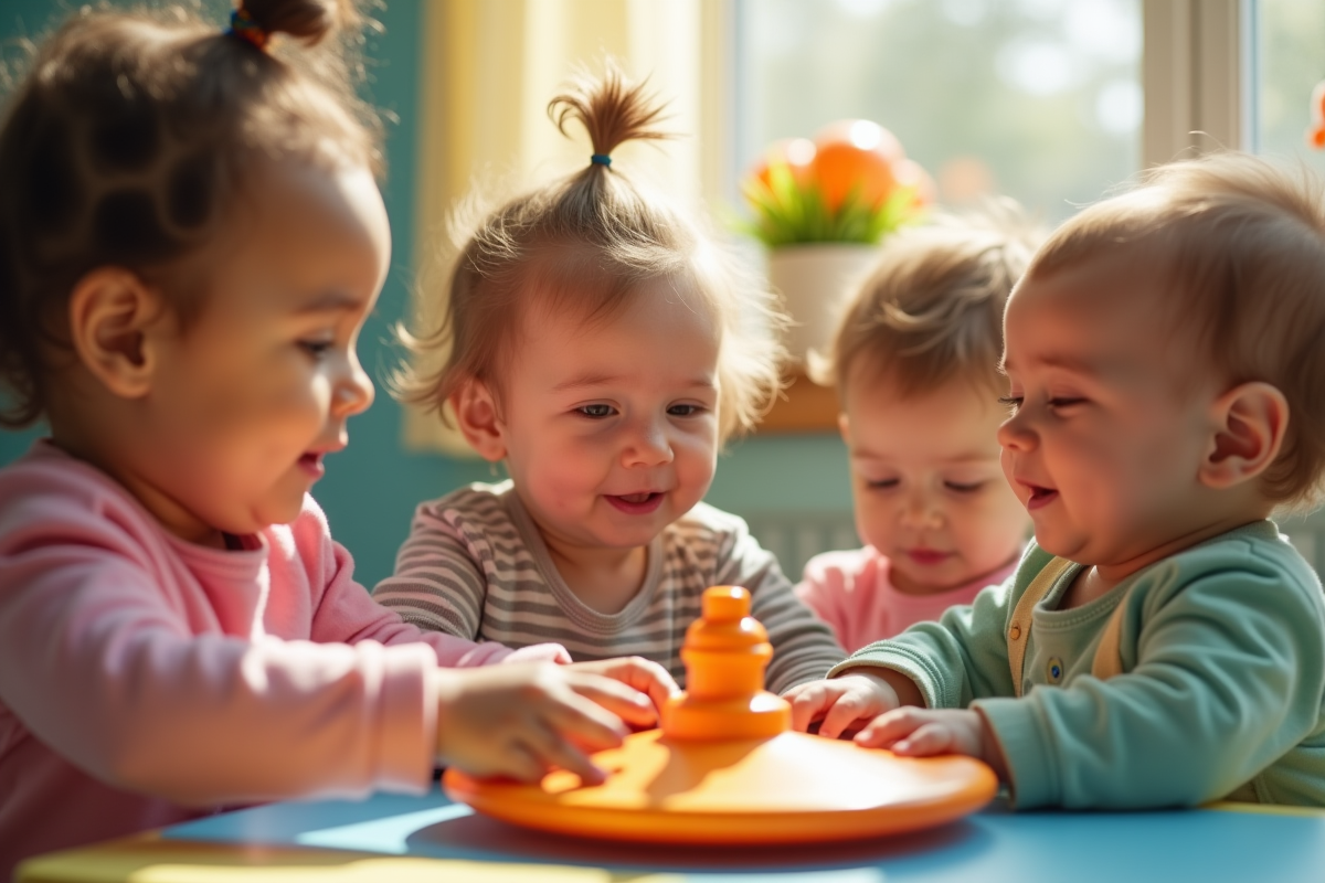 Groupe de bébés à la crèche avec un bébé concentré sur un objet tournant