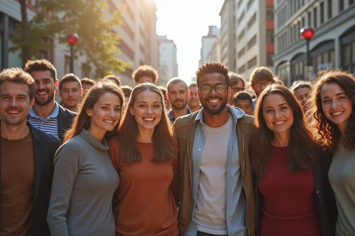 Groupe divers d'hommes et femmes heureux dans une place urbaine