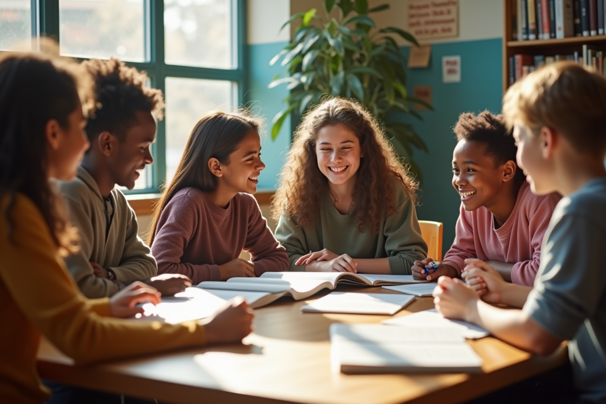 Groupe de lyceens collaborant dans une bibliothèque ensoleillée
